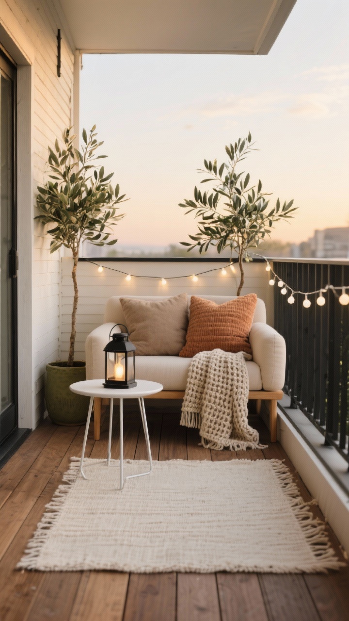 Photorealistic medium shot of a small Scandinavian balcony nook at golden hour: slatted acacia deck tiles with a cream flatweave outdoor rug, a compact armless loveseat in light beige/oat with slim wooden legs, two oversized knit throw pillows in taupe and clay, and a chunky waffle throw. A round white metal side table holds a matte black warm LED lantern. Two tall olive-toned planters with eucalyptus/olive tree flank the loveseat. Soft-white fairy lights run along the railing; palette of ivory, sand, pale wood with subtle black accents. Calm, airy mood, straight-on angle.