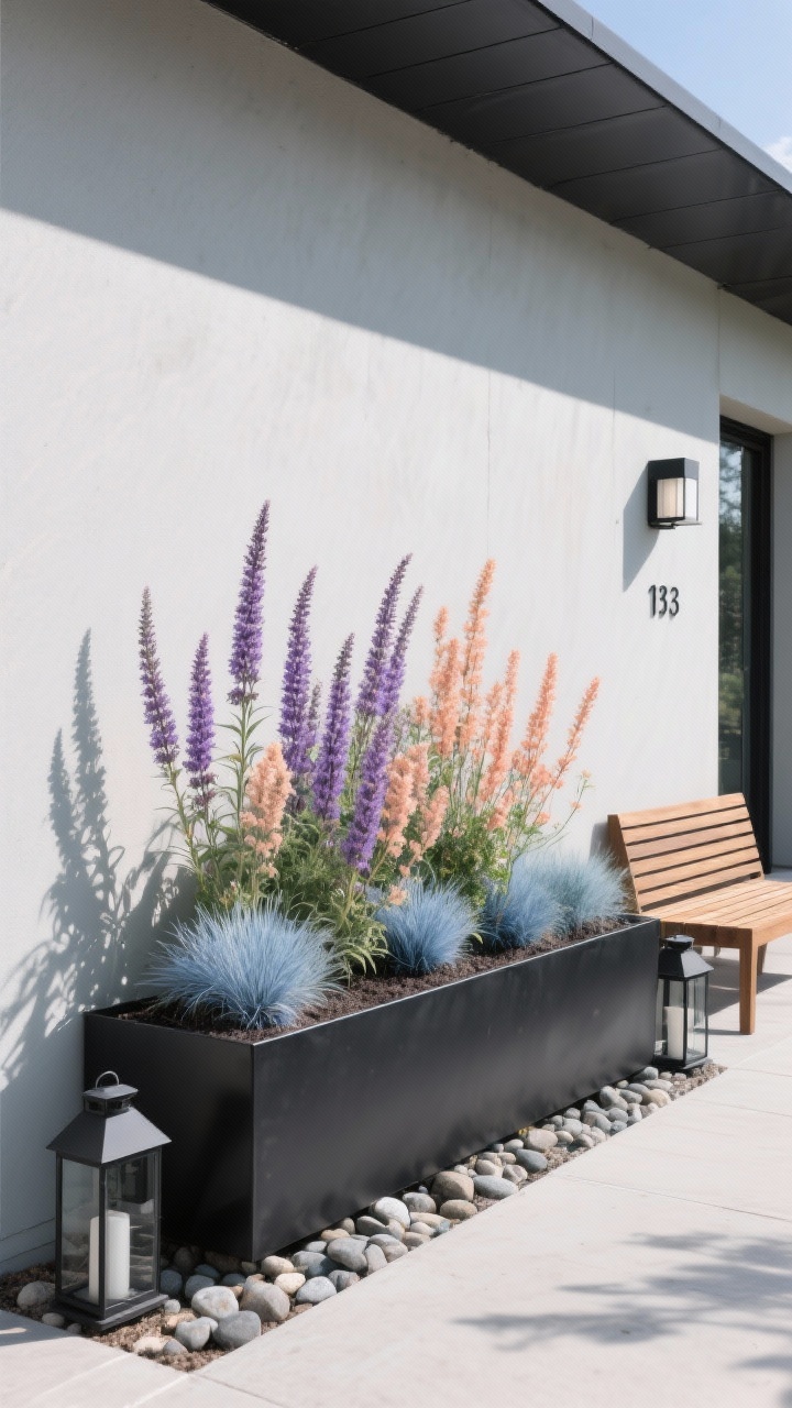 Photorealistic medium shot of a sun-drenched modern exterior wall with a long matte black rectangular metal trough planter. The planter is filled with Agastache (hyssop) spikes in soft apricot, smoky lavender-purple, and coral tones rising above airy stems, interplanted with tufts of Blue Fescue in icy steel-blue. Smooth river pebbles top the soil. Include graphite lanterns and a slatted teak bench nearby, minimal house numbers or a modern wall sconce on the wall. Palette: matte black, cool grey, apricot, smoky lavender. Clean, architectural lines; crisp midday sunlight with sharp shadows.