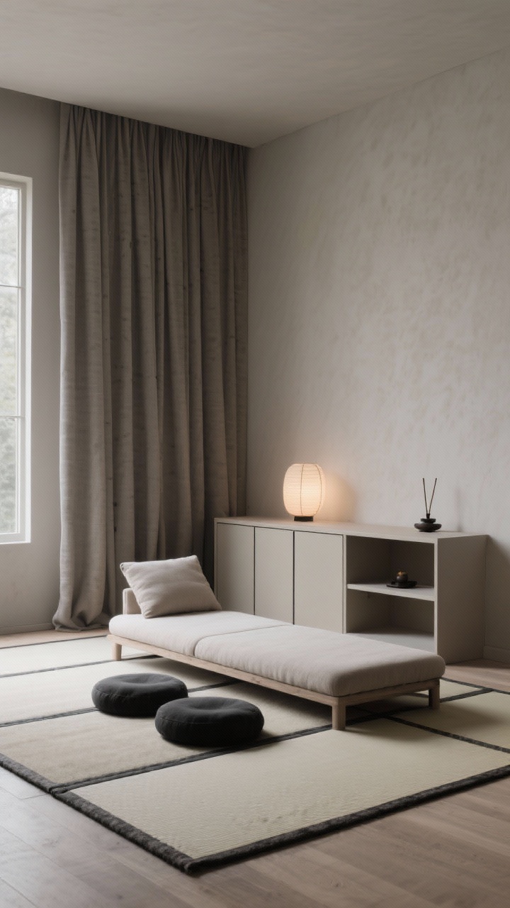 Photorealistic medium shot of a tech-free meditation den: muted greige walls, thick blackout drapes drawn partway, floor covered with thick tatami mats (or plush wall-to-wall rug), low seating with meditation cushions and a floor chaise, hidden storage via a wall cabinet with sliding doors, a minimal altar shelf with a single incense holder, a soft lantern providing gentle, indirect light; palette of greige, mushroom, soft black, bone; quiet, grounding mood; straight-on low eye level.