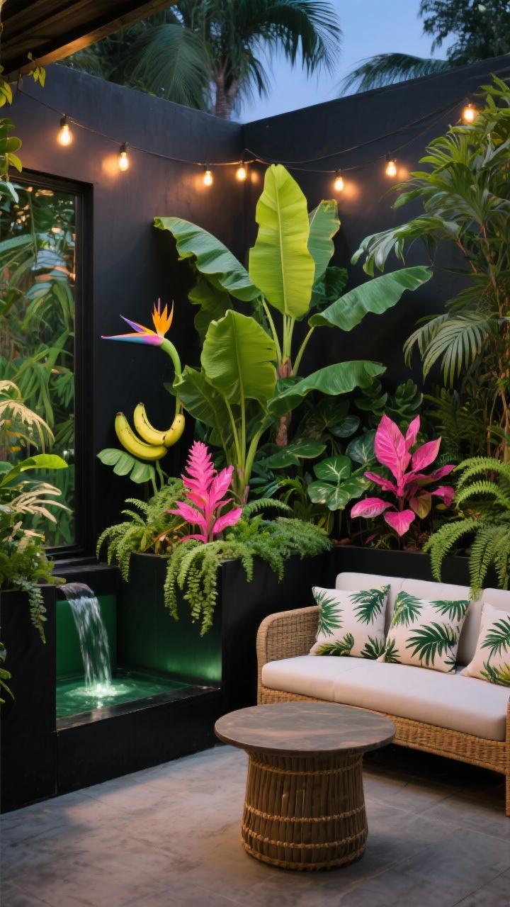 Photorealistic medium shot of a tropical lounge nook at twilight with warm café string lights overhead and a small water feature nearby; glossy black and deep emerald planter boxes packed with lush foliage: banana plants, bird of paradise, monstera; underplanting of caladiums and coleus for color, with spiller ferns softening edges; a bright bromeliad or two for hot pink bursts; low rattan sofa with palm-print cushions and a round drum table; palette of jungle greens, chartreuse, and hot pink; humid, vacation-like ambiance; straight-on view emphasizing dramatic foliage layers.