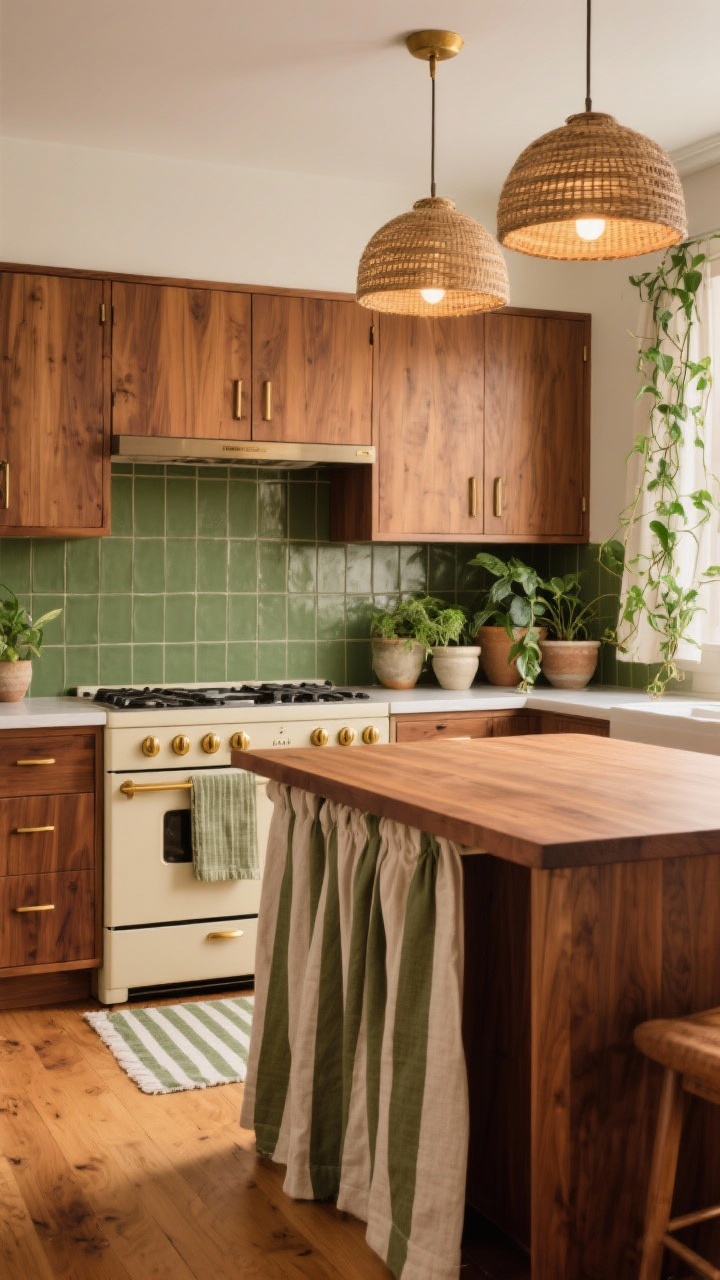 Photorealistic medium shot of a warm wood mid-century kitchen vignette: flat-front walnut cabinets with brushed brass pulls, avocado-green tile backsplash, cream-colored range with brass knobs, woven pendants over a warm wood island. Honey oak flooring in matte finish. Style with an olive-and-cream striped runner, linen cafe curtains, and a cluster of ceramic planters with trailing pothos. Soft, warm ambient lighting to highlight wood grain and brass; shoot straight-on for a cozy, refined feel.