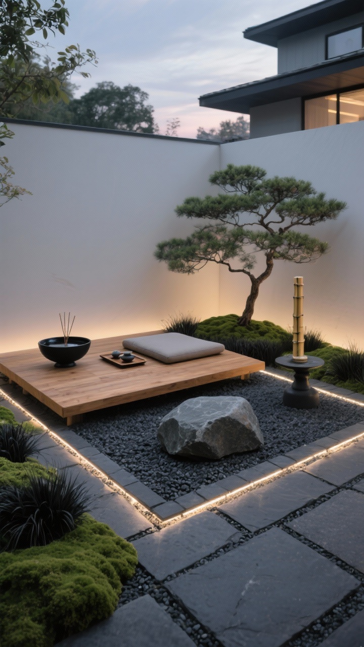 Photorealistic medium shot of a “Zen Rock Garden Nook” at early dusk: rectangle of meticulously raked gravel edged with charcoal pavers, single smooth basalt stone as focal point; low cedar meditation platform sized for one cushion and a tea tray; minimal decor including a black steel water bowl, a bamboo fountain, and a matte incense holder; dwarf Japanese maple, moss groundcover, and black mondo grass around the edges; subtle ground-level path lights washing the gravel in soft, non-glare glow. Colors: charcoal, ash, cedar honey, muted green. Mood: minimalist, sculptural serenity.