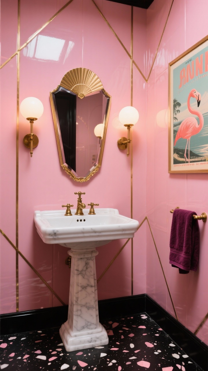 Photorealistic medium shot of an Art Deco powder room: glossy flamingo-pink wall panels with thin brass inlay forming geometric deco angles, black terrazzo floor dotted with blush and ivory chips, petite white marble pedestal sink, trio of orb sconces giving movie-set lighting, fan-shaped beveled mirror in a brass frame; include aged brass cross-handle faucets, a vintage travel poster with coral tones, and deep berry hand towels for contrast; dramatic glam mood, straight-on view.
