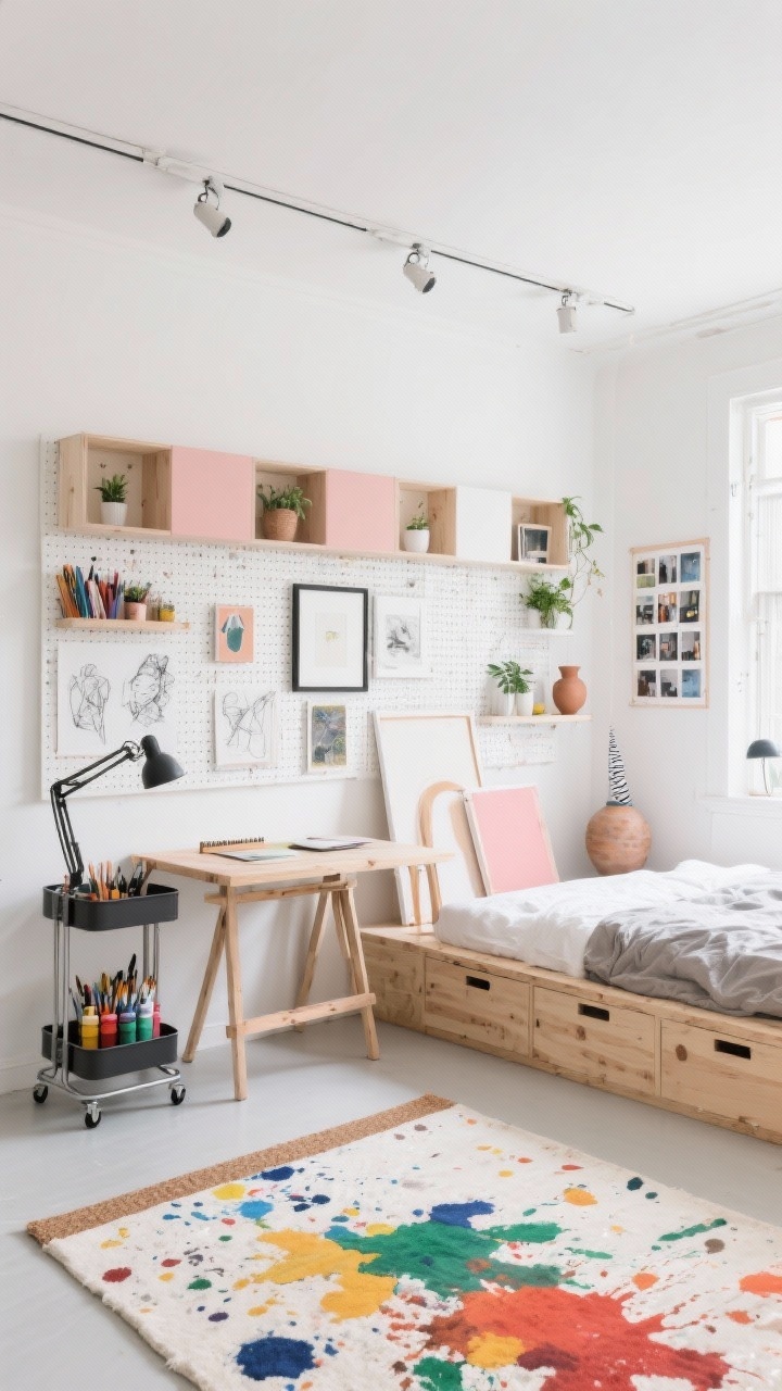 Photorealistic medium shot of an artsy studio bedroom zone divider: gallery-white walls with a pegboard wall holding art supplies, frames, and small plants; modular cube shelving creating separation between sleep and work areas; a birch wood daybed with storage drawers for canvases, a drop-leaf table serving as an easel station, a rolling cart with paints, clamp lamp, and a cork strip displaying sketches; decor includes a paint-splatter rug, washi-tape photo grid, and pottery vases; ceiling track with clip-on spotlights providing studio-like illumination; neutral base with birch, white, clay pink, and pops of primary colors; straight-on, bright and functional.