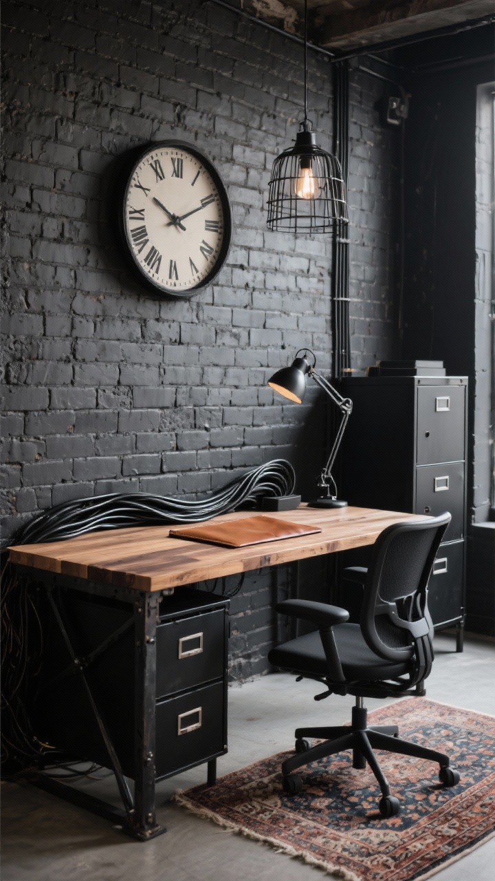 Photorealistic medium shot of an industrial loft workspace: black metal desk with a reclaimed wood top, brick or brick-look accent wall behind, charcoal ergonomic chair, matte black steel file cabinet, large analog wall clock. Show black cable sleeves bundling wires. Add worn cognac leather desk pad and a low-pile Persian rug peeking under the desk for warmth. Lighting includes a caged pendant overhead and an adjustable arm sconce aimed at the work surface. Color story: charcoal, cognac, walnut, matte black. Slight corner angle.