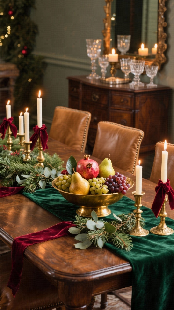 Photorealistic medium shot of an old-world glam Christmas tablescape: a mahogany or walnut table with a deep emerald velvet runner, a shallow brass bowl piled with gilded pears, pomegranates, and grapes, tucked with bay leaves; antique brass taper candle holders with varied-height ivory tapers tied with draping burgundy velvet ribbons; low, lush cedar and eucalyptus garland along the center. In the background, camel leather chairs and a sideboard with cut-crystal glassware and a vintage mirror reflecting warm candlelight. Rich palette of emerald, burgundy, brass, and cream, cozy vintage mood, no people.
