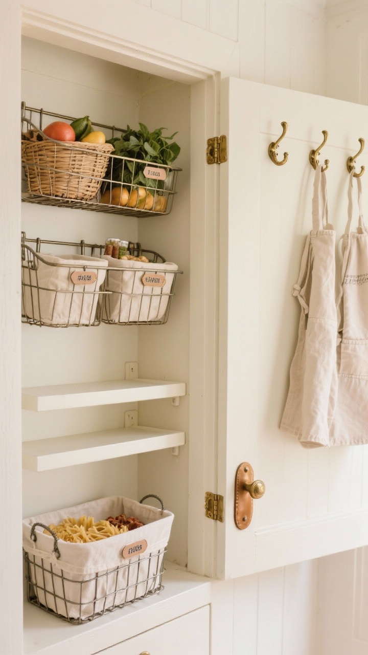 Photorealistic medium shot of an over-the-door pantry on the back of a painted door: wall-mounted steel rack in soft ivory with mixed wire baskets for produce, shallow spice shelves, and a deeper bin for pasta and snacks; each basket lined with washable linen liners; small enameled tags used as labels; antique brass hooks hold aprons, and the door features a leather pull; warm neutral palette of ivory, brass, and linen; even natural light with a boutique, tidy vibe; slight three-quarter angle to show depth and organization.