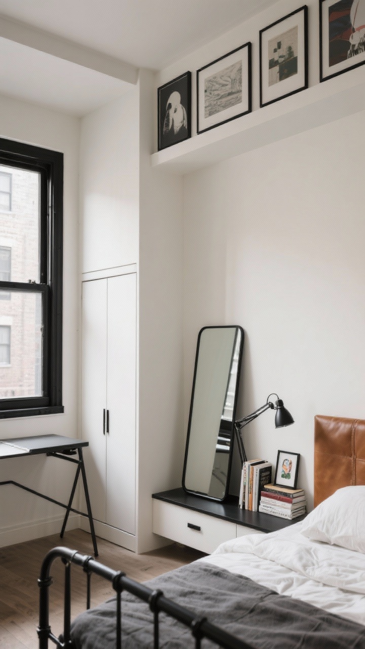 Photorealistic medium shot of an urban studio-edge bedroom with soft parchment white walls outlined by black-framed elements: slim black window trim, a slender black metal bed, and a leaning mirror with black frame; a wall-to-wall painted MDF headboard ledge holding books, small art, and a clamp lamp; shallow wardrobes with sliding doors; a compact fold-down desk under the window; a tight gallery cluster of artwork above the ledge drawing the eye upward; parchment, charcoal black, and cognac leather accents; angled from the room’s corner for graphic lines and built-ins.