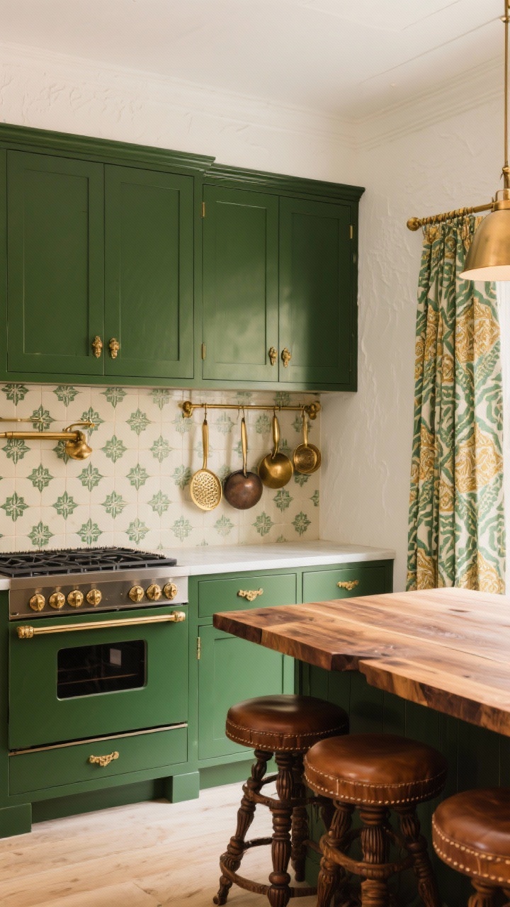 Photorealistic medium shot of deep emerald green cabinetry with antique brass pulls, a cream-and-sage Moroccan-patterned tile focal backsplash behind a range, and white plaster walls; butcher block island with leather-topped counter stools with carved wood legs, block-printed café curtains in soft greens and golds, and a brass pot rail displaying hanging ladles and vintage strainers; warm ambient lighting reflecting subtly off patinating brass, shot from a slight corner angle to emphasize depth and texture.