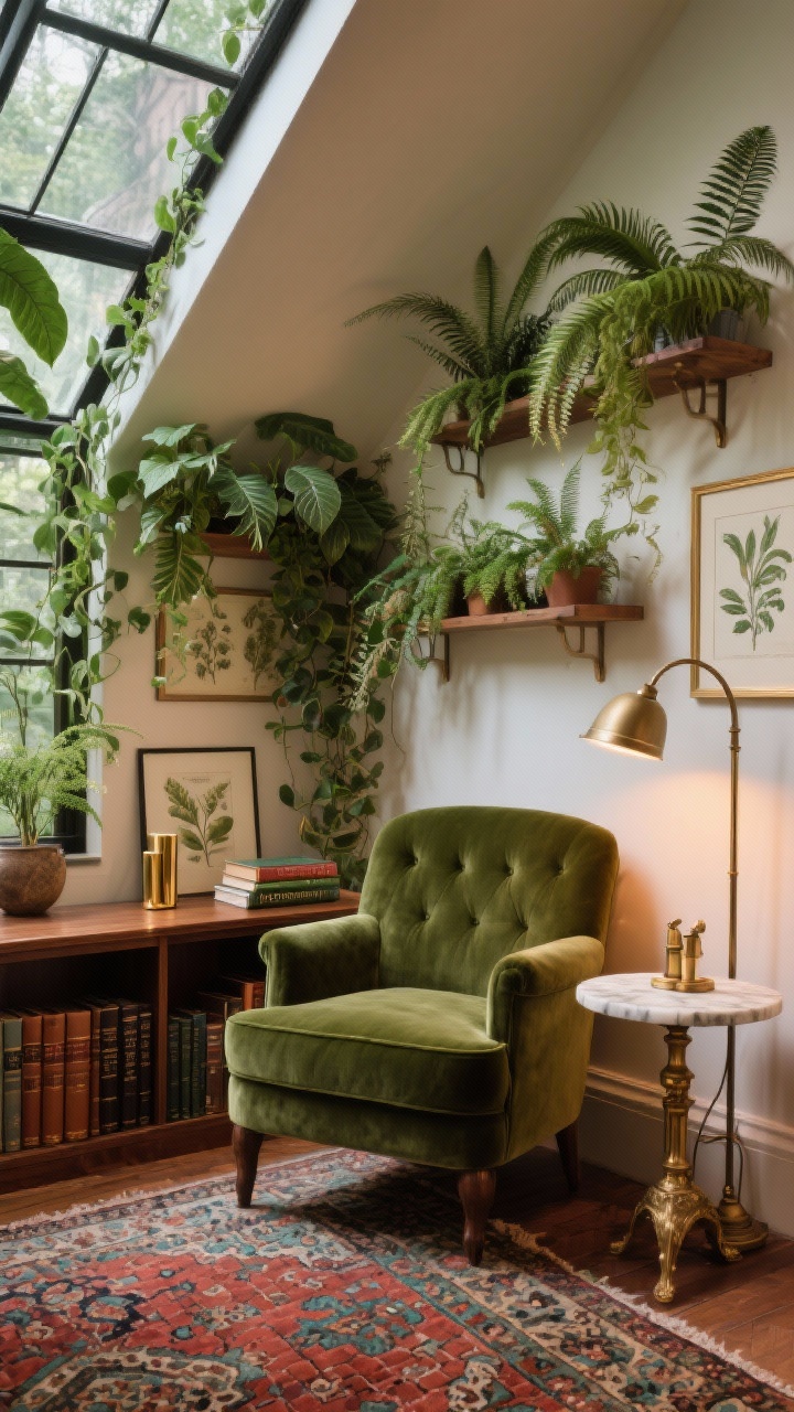 Photorealistic medium shot of “The Greenhouse Library” reading nook: a deep moss velvet club chair beside a low walnut bookcase filled with gardening guides and leather-bound hardcovers; high wall-mounted plant shelves behind the chair cascading ferns and pothos like a leafy curtain; a marble-topped side table with a banker’s lamp for task light, plus an arched floor lamp for ambient dusk glow; Persian-style rug underfoot with brick red and teal notes; antique brass accents including brass bookends and framed botanical prints; warm, cozy lighting; angled corner perspective.
