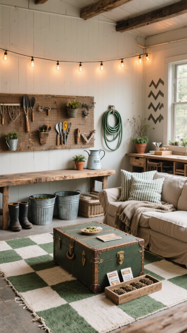 Photorealistic medium shot of “The Rustic Potting-Parlor”: reclaimed pine potting bench with pegboard tools and galvanized bins beneath along one wall; opposite, a slipcovered loveseat in washable canvas with wool throws and striped ticking pillows; sage-and-cream checkerboard indoor-outdoor rug defining the sitting zone; trunk-style coffee table hiding seed packets; boot tray, hose hook on the wall, enamelware pitchers; a zigzag string of warm Edison bulbs overhead for evening charm; natural-meets-industrial textures; straight-on view capturing both work and lounge zones.