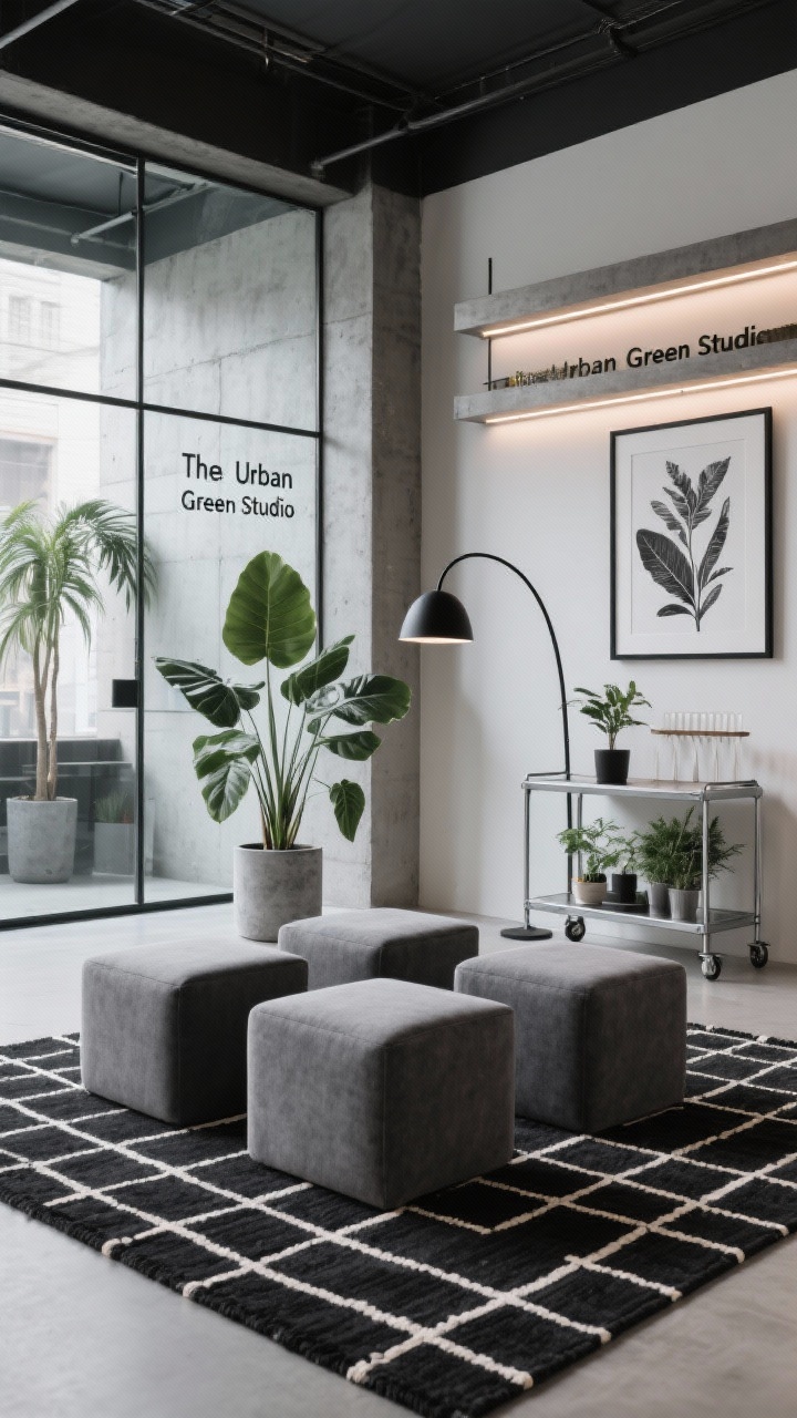 Photorealistic medium shot of “The Urban Green Studio”: modular cube seating upholstered in slate/charcoal arranged over a bold black-and-ivory grid flatweave rug; sleek fiberstone cylinder planters holding architectural alocasias and upright palms; a matte black sculptural arc floor lamp; a steel utility cart functioning as a bar/plant station with a linear LED strip under wall shelves; a framed monochrome botanical print on glass wall; finishes of concrete gray, powder-coated metal, crisp canvas; cool, modern ambiance with controlled artificial lighting; straight-on architectural composition.