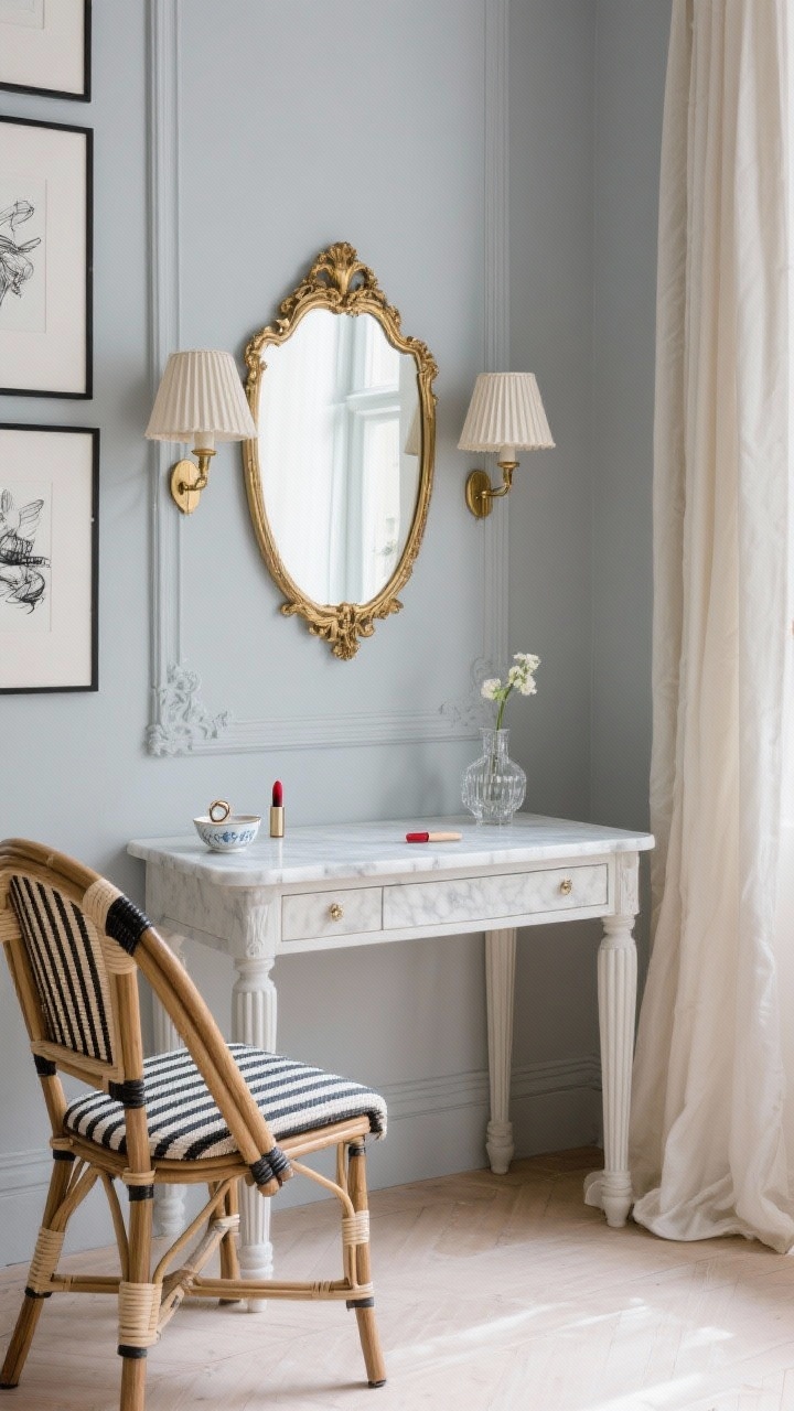 Photorealistic medium shot, Parisian petite desk vanity: narrow writing desk with fluted legs and a thin marble top; above, a gilded antique-style mirror centered between two fluted wall sconces with pleated shades. Walls in powdery dove gray with picture-frame molding. Seating: cane-back bistro chair with a striped cushion. Accessories: tiny porcelain ring dish, crystal bud vase, classic red-lip lipstick displayed. Linen drapes lightly pooling at the floor; small black-and-white sketches stacked asymmetrically on the wall. Soft, refined daylight.