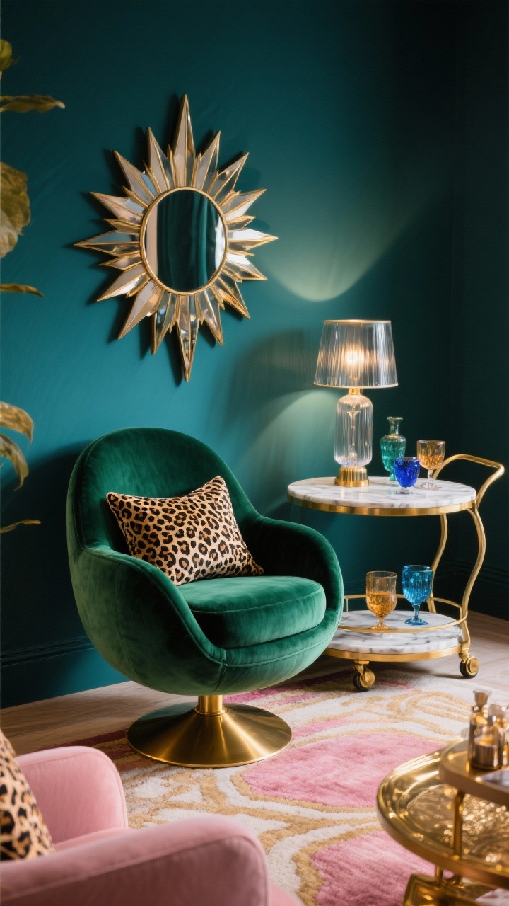 Photorealistic medium shot: retro glam lounge vignette featuring an emerald velvet egg chair on a brass swivel base; deep teal wall backdrop with a starburst mirror; marble-and-brass side table with a smoked-glass lamp; curvy bar cart with jewel-toned glassware; leopard-print pillow on the chair; plush art deco rug underfoot; polished brass and warm gold metals; accents of blush pink and sapphire in decor; softly glowy evening lighting to enhance velvet and metallics.