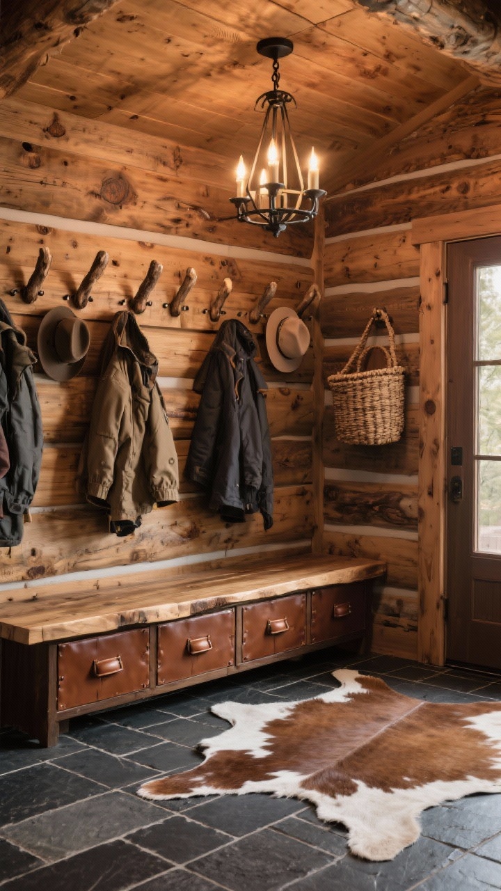 Photorealistic medium shot, rustic lodge mudroom: wall cladded in warm knotty alder with chunky hand-hewn hooks spaced wide for bulky coats; a thick butcher-block slab bench over deep drawers with saddle-brown leather pulls; flooring in slate-look porcelain charcoal tiles, partially layered with an off-center cowhide rug; a woven wall basket for hats; overhead a wood-and-iron chandelier casting a warm lodge glow; captured from a cozy corner angle.
