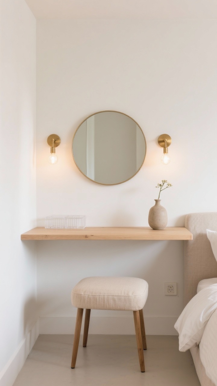 Photorealistic medium shot, Scandinavian floating vanity nook in a small bedroom: a floating pale oak shelf mounted on a soft white wall with a hint of cream, a framed round mirror centered above, linen-upholstered slim stool in oatmeal beige tucked fully under the shelf. Surface styling: clear acrylic organizer, tiny stoneware bud vase, warm matte brass sconces flanking the mirror symmetrically. Warm LED bulb glow, brushed brass hardware, warm white, pale oak, and oatmeal palette. Clean, airy negative space beneath the shelf, uncluttered, boutique-hotel calm.