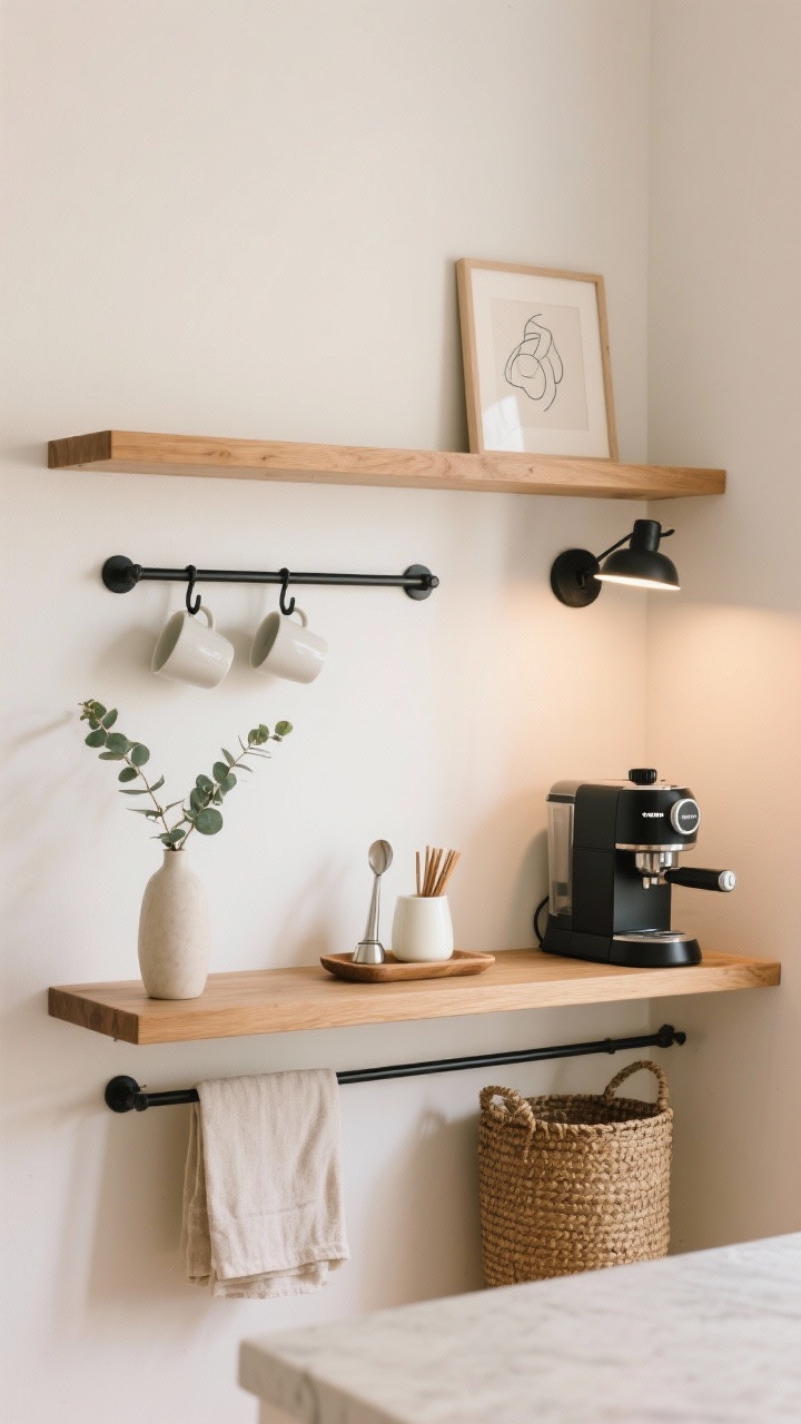 Photorealistic medium shot, Scandinavian Ledge Nook: a slim 48" natural oak wall ledge mounted at counter height with a second floating shelf 14 inches above against warm white walls; compact espresso machine on the ledge beside a single ceramic tray holding a milk frother, scoop, and stir sticks; matte black hardware details; two minimal black hooks under the ledge with favorite mugs; woven lidded basket tucked beneath the ledge; eucalyptus sprig in a bud vase, a linen towel draped neatly, and framed line art on the upper shelf; tiny black plug-in sconce angled down over the machine casting soft, focused light; clean lines, soft neutrals, uncluttered styling, straight-on view.