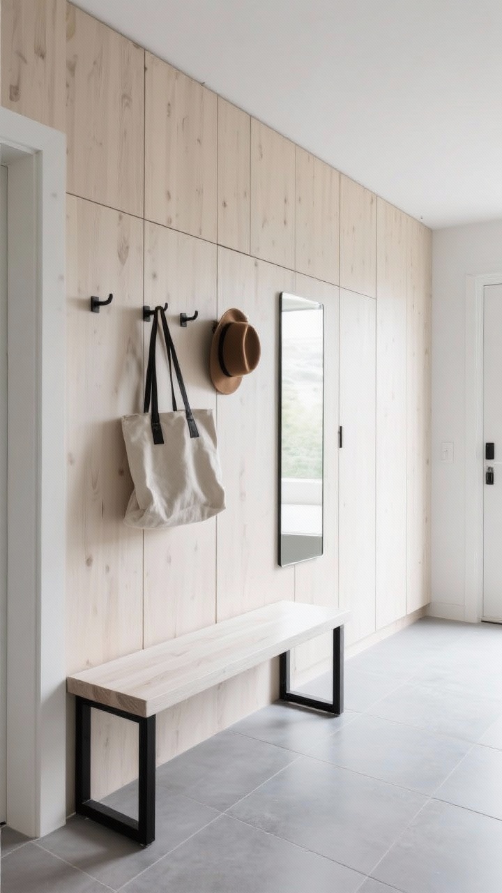 Photorealistic medium shot, Scandinavian slimline entry: a run of flat-front birch cabinets flush to the wall, disguised as paneling, concealing storage; a floating white oak bench with slim matte-black brackets below; a narrow peg rail stretching wall-to-wall above the bench with a couple hats and totes; a frameless mirror at one end reflecting light; large-format porcelain floor tiles in soft stone gray; minimal styling, clean lines; captured from a slight corner angle to show depth.