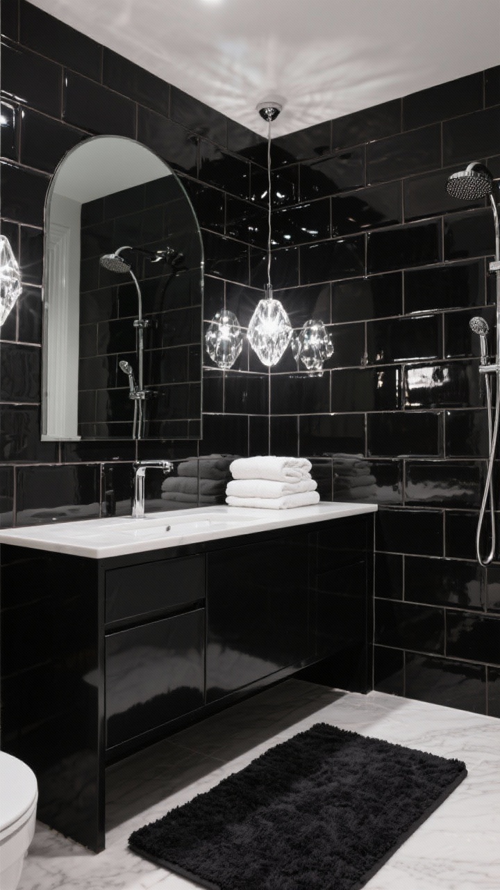 Photorealistic medium shot: shower walls clad in glossy jet-black subway tiles with charcoal grout, reflecting soft dimmed light; high-gloss black vanity with clean fronts; a large arched mirror nearly reaching the ceiling; crisp chrome fixtures; a prismatic glass pendant casting sparkly reflections; snowy white towels stacked beside a black cotton bath mat. High-shine drama with controlled moody reflections.