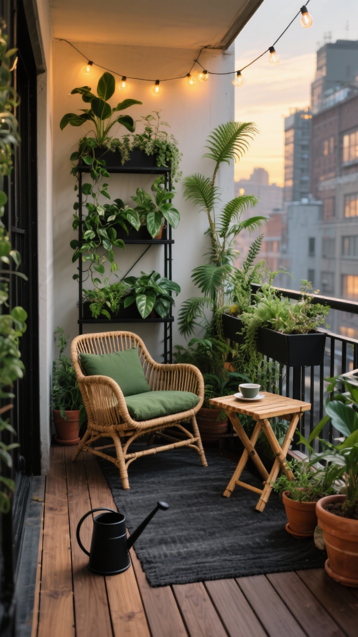 Photorealistic medium shot, small city apartment balcony styled as an Urban Jungle Nook; slatted acacia floor deck topped with a charcoal outdoor rug; a low-profile rattan lounge chair with a moss-green cushion sits beside a folding bamboo side table with a teacup; vertical layers include a black metal ladder shelf packed with trailing pothos and philodendron, a corner plant tower holding ferns and snake plants, and a railing planter overflowing with herbs; warm string lights drape overhead; matte-black watering can on the floor; mixed terra-cotta pots for depth; palette of deep greens, warm wood, matte black; evening golden-hour glow, calming tropical mood; straight-on angle.