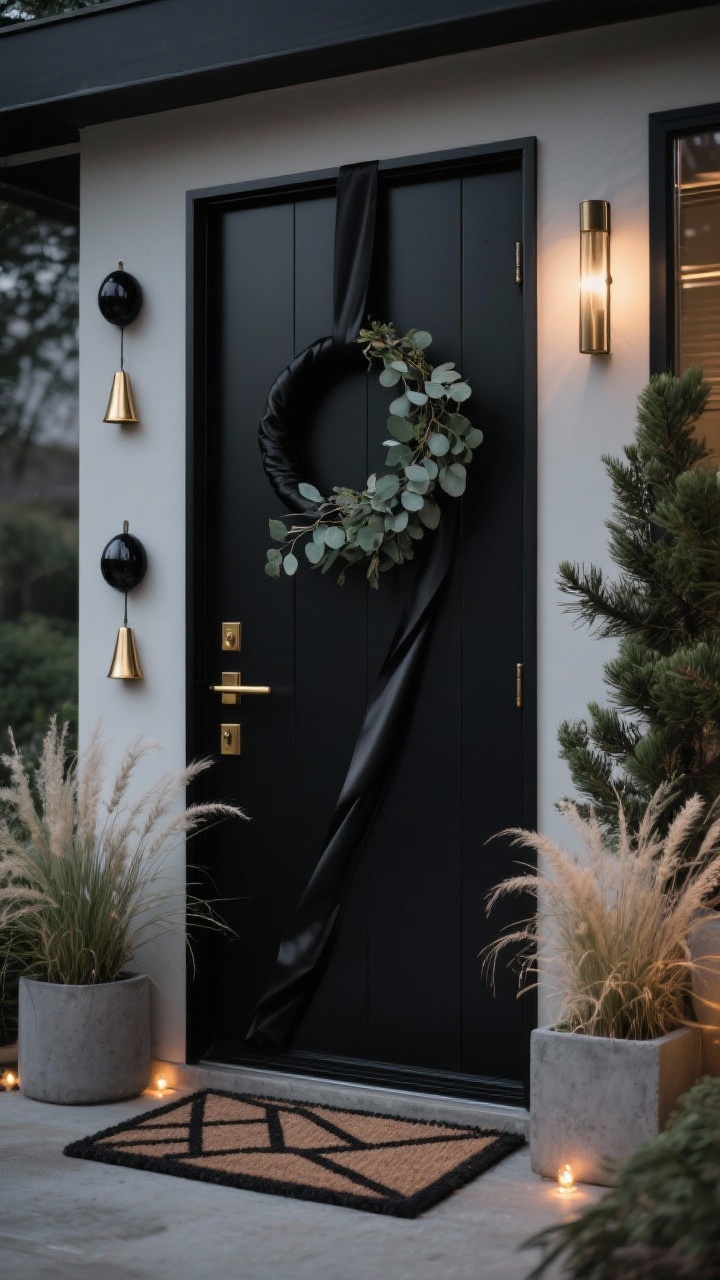 Photorealistic medium shot, straight-on, of a bold black door featuring a minimalist black hoop wreath with asymmetrical eucalyptus and a touch of fir clustered on one side. A narrow black satin ribbon nearly disappears into the door; a few matte black ornaments punctuate the greens. Slim brass bells add subtle shine. Sleek brass handle set, geometric black-and-natural doormat, and concrete planters with feathery grasses and warm micro-lights. Moody, modern evening lighting with crisp contrast.