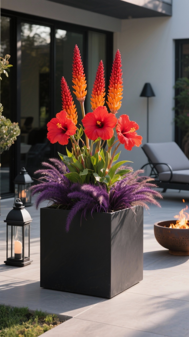 Photorealistic medium shot, straight-on, of a deep charcoal cube planter on a sleek patio. Torch-like spikes of Red Hot Poker (Kniphofia) in mango orange and fiery red rise above plate-sized blooms of Hardy Hibiscus; Purple Fountain Grass edges the arrangement with arching, deep plum blades and feathery plumes. Include black metal lanterns, a low fire bowl, and a modern lounger nearby. Palette: charcoal, mango orange, fiery red, deep plum. Late-afternoon sun creating dramatic contrasts and glossy leaf highlights.