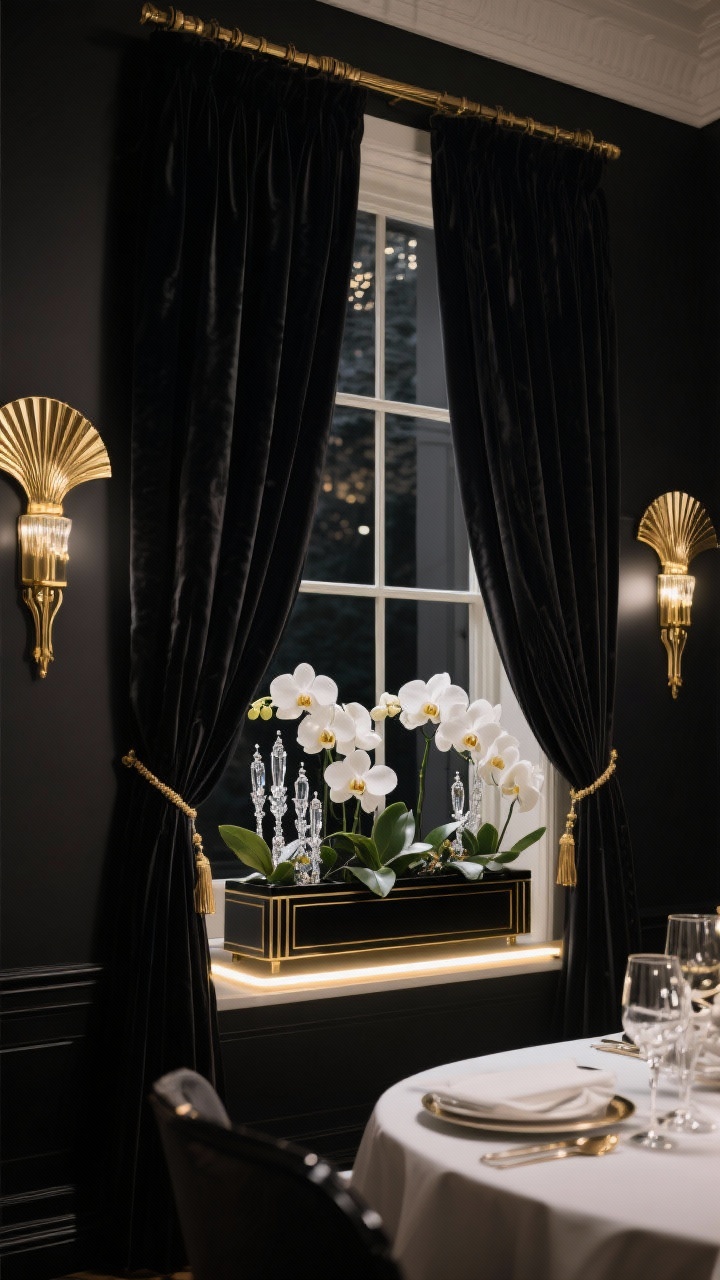 Photorealistic medium shot, straight-on, of a formal dining room window with dark walls and velvet drapes. A lacquered black window box with brushed gold trim is filled with white orchids, glossy magnolia leaves, and crystal icicle picks that add vertical sparkle. Fan-shaped brass accents repeat the Art Deco geometry. A narrow LED light strip under the sill casts a dramatic glow; deco-style wall sconces flank the window, mirroring the metallics. Color scheme: black, white, gold, crystal. Textures: high-shine, glassy, sleek. Evening, glamorous lighting.