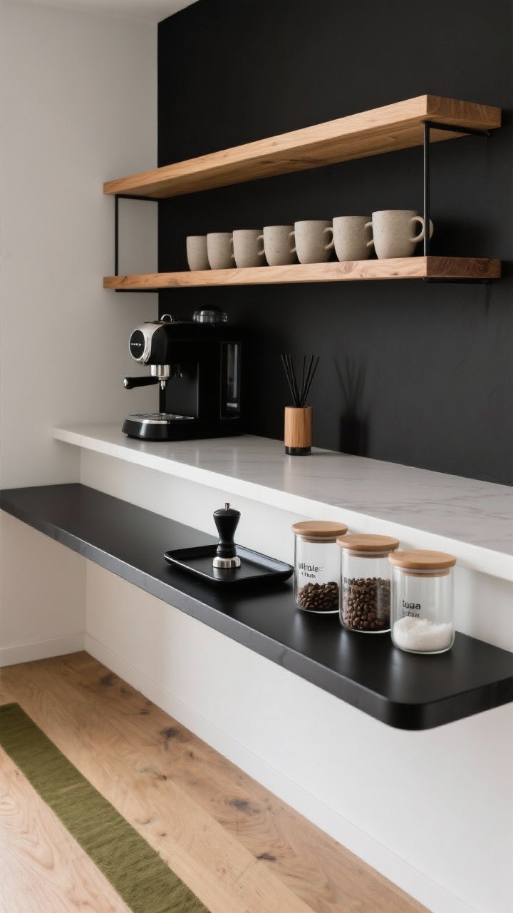Photorealistic medium shot, straight-on view: a minimalist matte-black coffee nook with a slim matte-black console under open white oak shelves; compact espresso machine, neat row of stoneware mugs, long black tray holding grinder, tamper, and three frosted glass canisters labeled whole beans, tea, sugar; palette of black, white, and honeyed natural oak with a single olive-toned runner softening the floor; materials emphasize matte metal, oiled wood, frosted glass; subtle cedarwood and bergamot diffuser on shelf; clean counters, crisp lighting with soft shadows