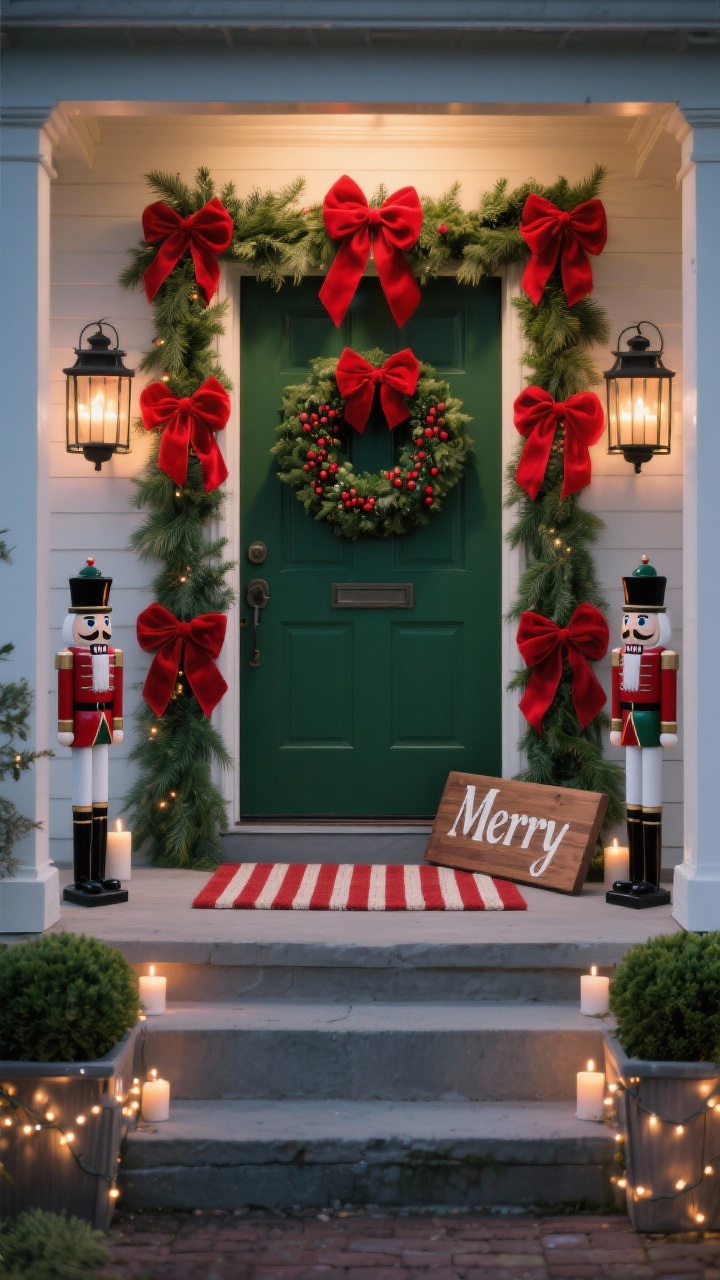 Photorealistic medium shot, straight-on view of a classic red-and-green Christmas front porch at dusk: cedar garland wrapped around the doorframe with thick red velvet bows at intervals, a lush wreath with holly berries centered on a matte door, two black metal lanterns with warm battery candles glowing on the steps, a striped red-and-cream doormat, simple boxwood planters with tiny warm fairy lights, a wooden “Merry” sign leaning casually by the door, and a pair of classic nutcrackers flanking the entry. Palette: deep green, true red, warm white, matte black. Textures: velvet ribbons, natural cedar, brushed metal. Lighting: warm-white LEDs and candlelike glow.
