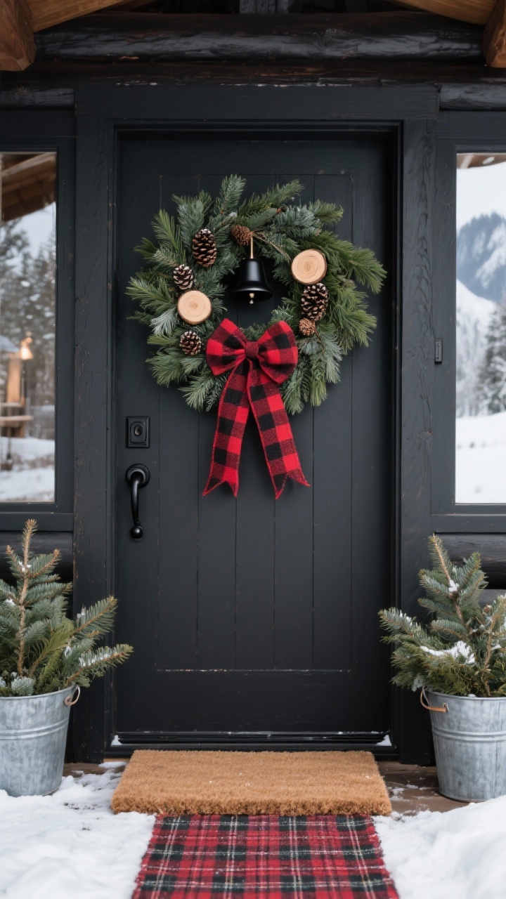Photorealistic medium shot, straight-on view of a deep charcoal-painted front door showcasing a fluffy, full evergreen wreath mixing cedar, fir, and pine; accented with tiny pinecones, small wood-slice ornaments, and matte black bells. A wide black-and-red buffalo plaid bow with long tails drapes down the door. Matte black handle and knocker, a coir doormat layered over a bold plaid runner, and two galvanized buckets filled with cut evergreens flank the entry. Crisp winter daylight, cozy alpine cabin mood.