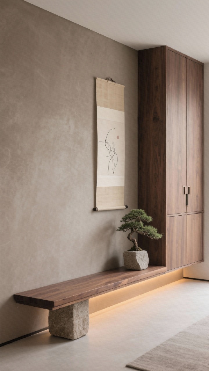 Photorealistic medium shot, tech-free modern zen: taupe/mushroom walls and a thin, low walnut platform bench that appears to float with a dim-to-warm LED strip light installed underneath. Hidden storage in a wall-mounted cabinet with push-latch doors keeps surfaces clear. A stone pedestal displays a single bonsai; a framed rice-paper artwork or minimal line drawing hangs nearby. Color cue: mushroom, walnut, bone; textures: smooth wood grain, matte stone, rice paper; sleek and practical; no people.