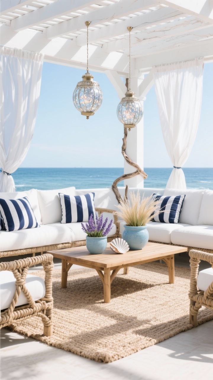 Photorealistic medium shot under a white pergola with billowing outdoor drapes catching a coastal breeze: deep seating with white frames and navy-and-white striped cushions, a teak coffee table centered, light blue ceramic planters filled with lavender and ornamental grasses, woven rope accents, capiz shell lanterns hanging and shimmering, sandy-neutral woven outdoor rug underfoot; palette of navy, white, pale blue, driftwood; bright, airy daylight with soft coastal shadows.