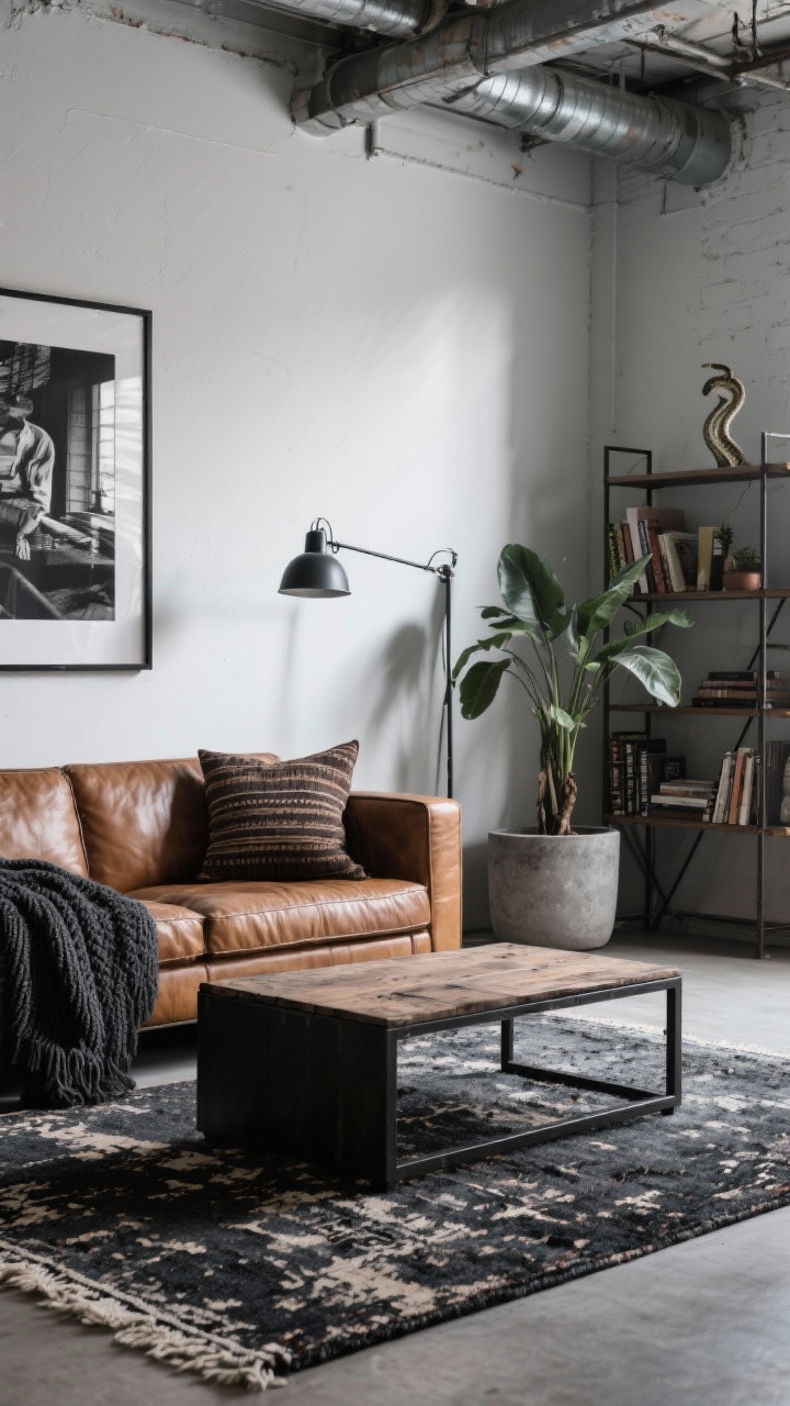 Photorealistic medium shot with a slight diagonal perspective of an urban industrial living room anchored by a distressed charcoal flatweave rug with a weathered look; cognac leather sofa, black metal coffee table with reclaimed wood top, and boxy iron bookshelves; white or concrete gray walls; vintage rug pad subtly visible at edge for added thickness; accents include a factory-style floor lamp, oversized black-and-white photography, and a concrete planter with a snake plant; textiles: charcoal knit throw and mudcloth pillows; cool, urban lighting with soft shadows, no people