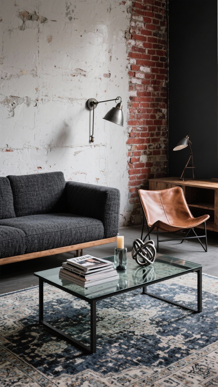 Photorealistic medium shot with industrial loft edge: a rectangular glass coffee table on a blackened steel frame sits atop an overdyed Persian rug in graphite and denim. A charcoal tweed sofa pairs with a cognac leather sling chair and a raw wood media console. Back wall shows exposed brick (or realistic limewash in brick red and soot). Lighting from swing-arm wall sconces with metal shades creates directional highlights and shadows. Table styling: stacked design magazines, a sculptural metal knot, and a smoked-glass candle. Urban, gritty mood, slight corner angle.