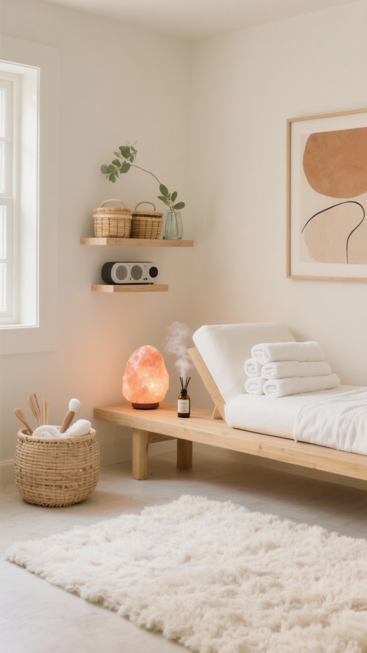 Photorealistic medium spa-inspired escape: cream walls, blonde wood bench, plush ivory rug, chaise/daybed with crisp white linens and neatly stacked fluffy towels, salt lamp casting a soft peach glow, essential oil diffuser emitting a subtle mist (eucalyptus), sound machine on a small shelf, lidded baskets storing spa tools, framed abstract art in warm neutrals; materials of cotton, bamboo, stone, glass; clean and serene lighting; straight-on composition.