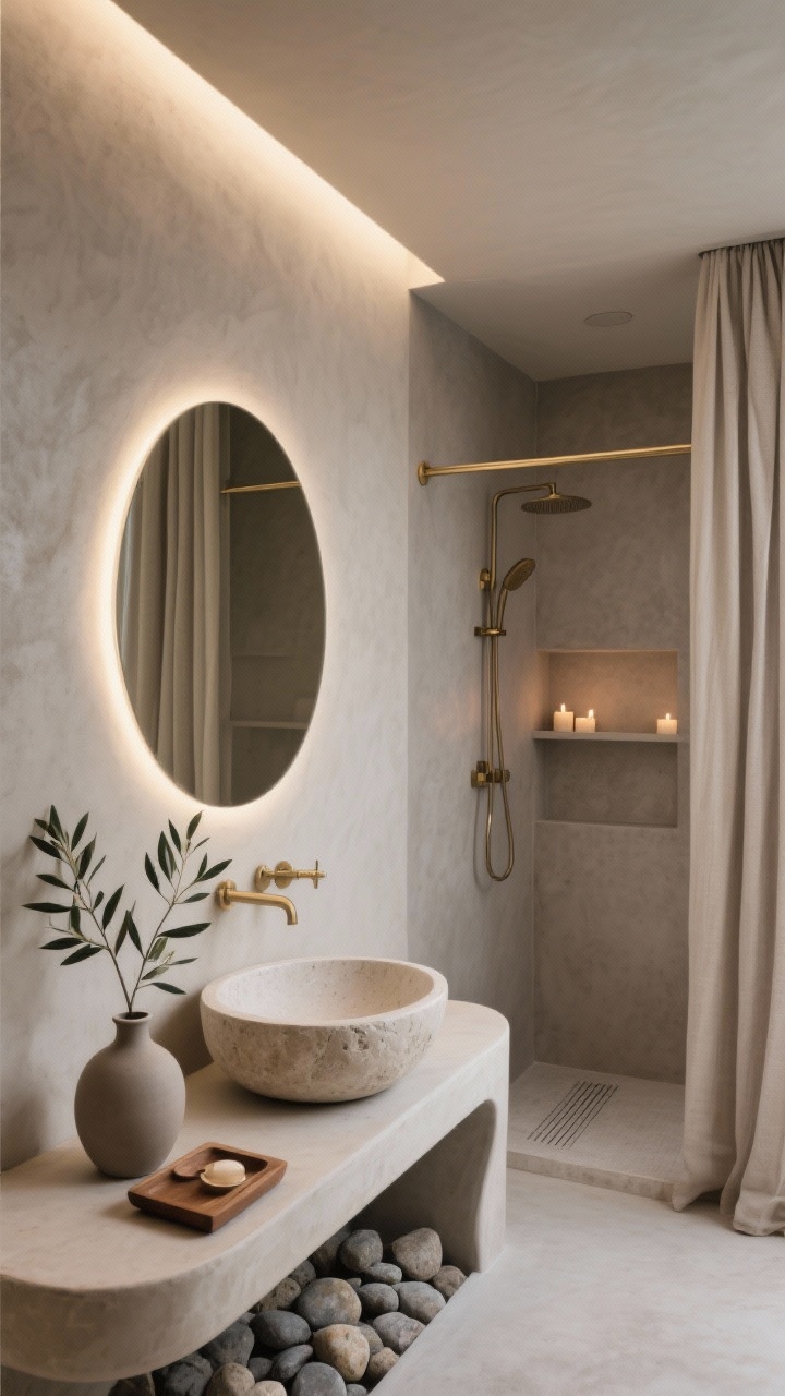 Photorealistic medium spa-like view, Minimal Earthy: soft curves everywhere—oval backlit mirror, curved stucco half-wall, sculpted pale stone basin on a smooth plaster console; three-tone palette of warm gray, bone, and taupe; walk-in shower with seamless microcement walls and a linear drain; storage hidden behind linen curtains on a slim brass rod; hidden LED cove lights creating gentle glow with candlelight moments; river stones, olive branches in a matte vase, teak bath caddy; serene and minimal; no people.