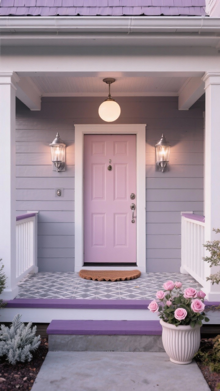 Photorealistic medium, straight-on porch entry in soft evening light: main siding in subtle lilac gray with a whisper of plum, trim and rails in porcelain white, gutters and lamps in pewter for soft metallic sheen. A muted blush rose front door with nickel hardware, fluted glass sconces and a milky globe pendant overhead. Gray-and-white patterned cement tile on the stoop, tonal garden elements nearby with dusty miller, lamb’s ear, and pale pink roses; scalloped doormat and ribbed ceramic planter echoing fluted textures.