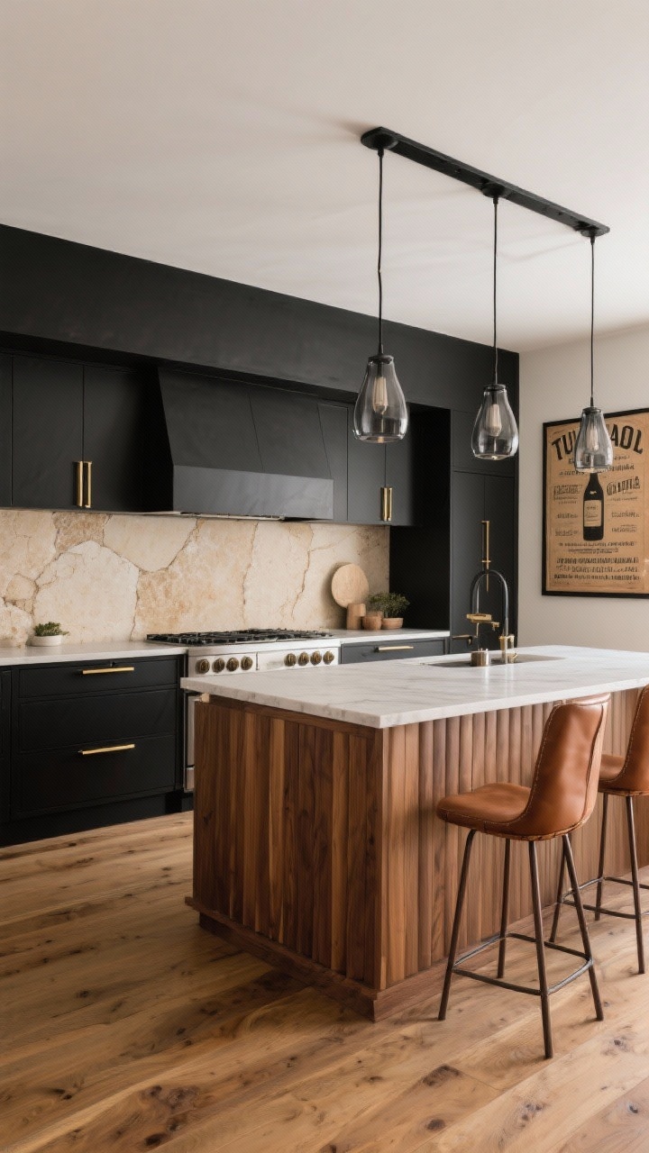 Photorealistic medium straight-on shot of a contemporary Tuscan fusion kitchen: matte black flat-front cabinetry, beige limestone slab backsplash and counters, thin brass edge pulls; island base with fluted oak panels stained warm tobacco; linear black steel hood; trio of smoked-glass pendants casting moody light; wide-plank oak flooring with natural oil finish; leather sling stools in cognac; oversized vintage wine label art framed in black metal; refined, modern-meets-Tuscan vibe.