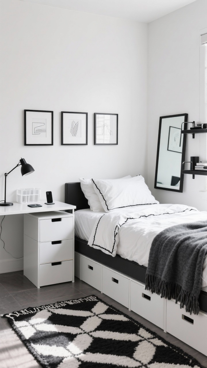 Photorealistic medium, straight-on view of a modern minimalist monochrome dorm setup: white bedding with black contrast stitch, graphite bed skirt, charcoal wool throw folded at the foot. A black-and-white geometric rug anchors the space. Desk holds a matte black lamp, white acrylic organizer, and wireless charging pad with a single phone. Simple black frames with line art hang aligned on a white wall. Include stackable white storage cubes under the bed, a slim black-framed standing mirror reflecting light, and a black metal shelf with neatly arranged items. Palette: black, white, charcoal, hint of steel. Bright, soft daylight with crisp shadows.