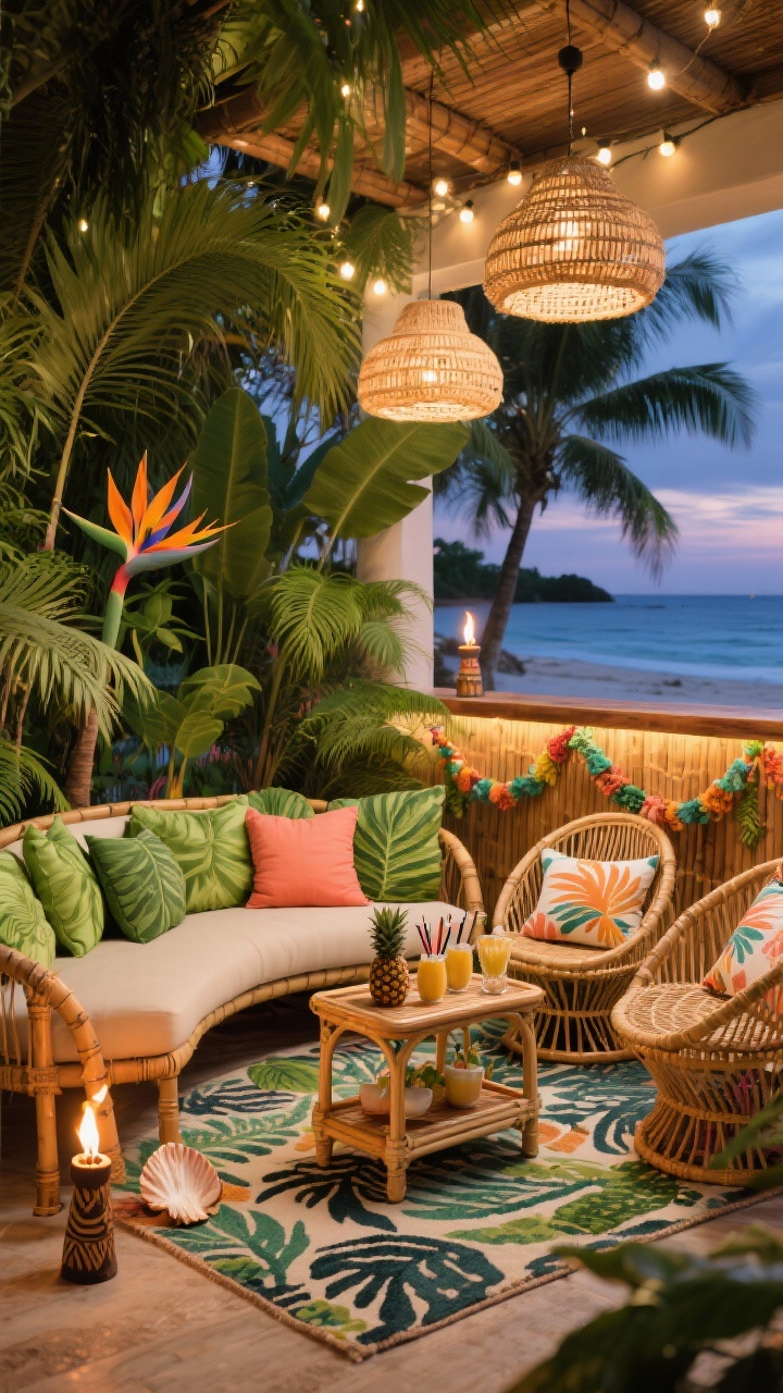 Photorealistic medium tropical tiki lounge corner at twilight: curved bamboo sofa piled with leafy green and coral cushions, paired with two papasan chairs; rattan bar cart stocked with pineapple tumblers and swizzle sticks; woven pendants and twinkle lights overhead create beach-bar glow; lush greenery—areca palms, bird-of-paradise, and ferns—surrounding a patterned tropical rug; accents include tiki torches, shell garlands, and palm-print pillows; bright, playful resort energy; no people.