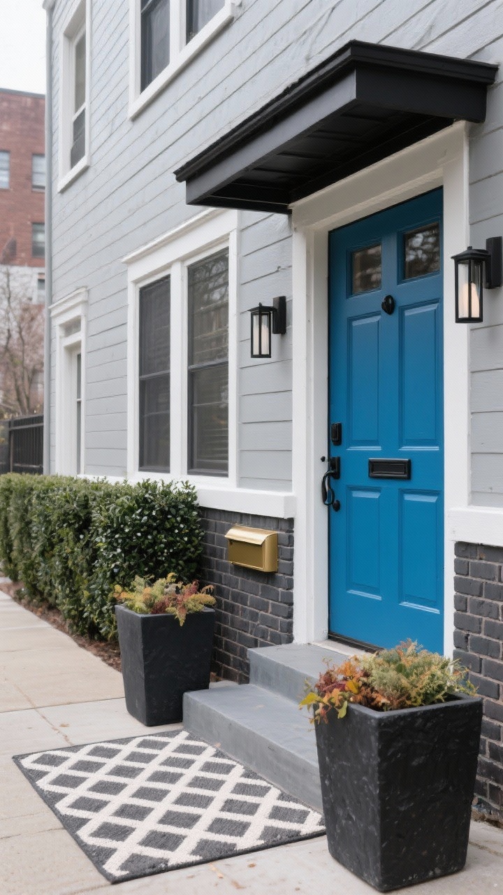 Photorealistic medium urban stoop scene at overcast noon for soft shadows: refined urban greige siding, base brick limewashed/painted graphite charcoal for drama, soft white trim. A bold cobalt blue front door with matte black pulls, slim linear black sconces, and a black-framed door canopy. Clean hedging of inkberry holly or dwarf boxwood lines the walkway, tall black fiberstone planters with seasonal color, and a thin brass mail slot bridging the black and cobalt; geometric outdoor rug in ivory and charcoal.