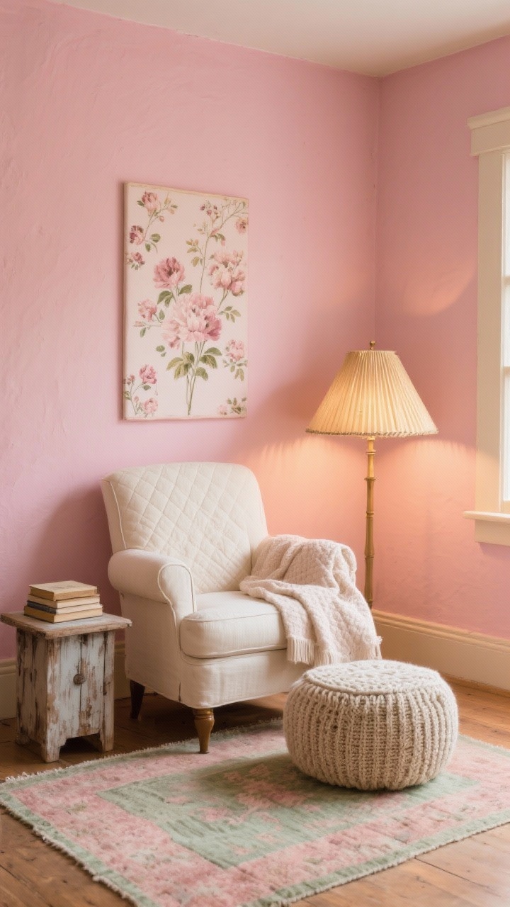 Photorealistic medium vignette: a Cozy Cottage pink nook with a warm petal-pink wall and a single delicate floral wallpaper accent panel. A cream slipcovered armchair serves as the meditation seat, paired with a knitted ottoman. Layered elements include a quilted throw draped over the chair, a vintage rug in faded rose and sage underfoot, and a distressed wood side table holding a small stack of linen-covered journals. Soft golden light from a pleated lampshade; romantic, textured atmosphere; no people.