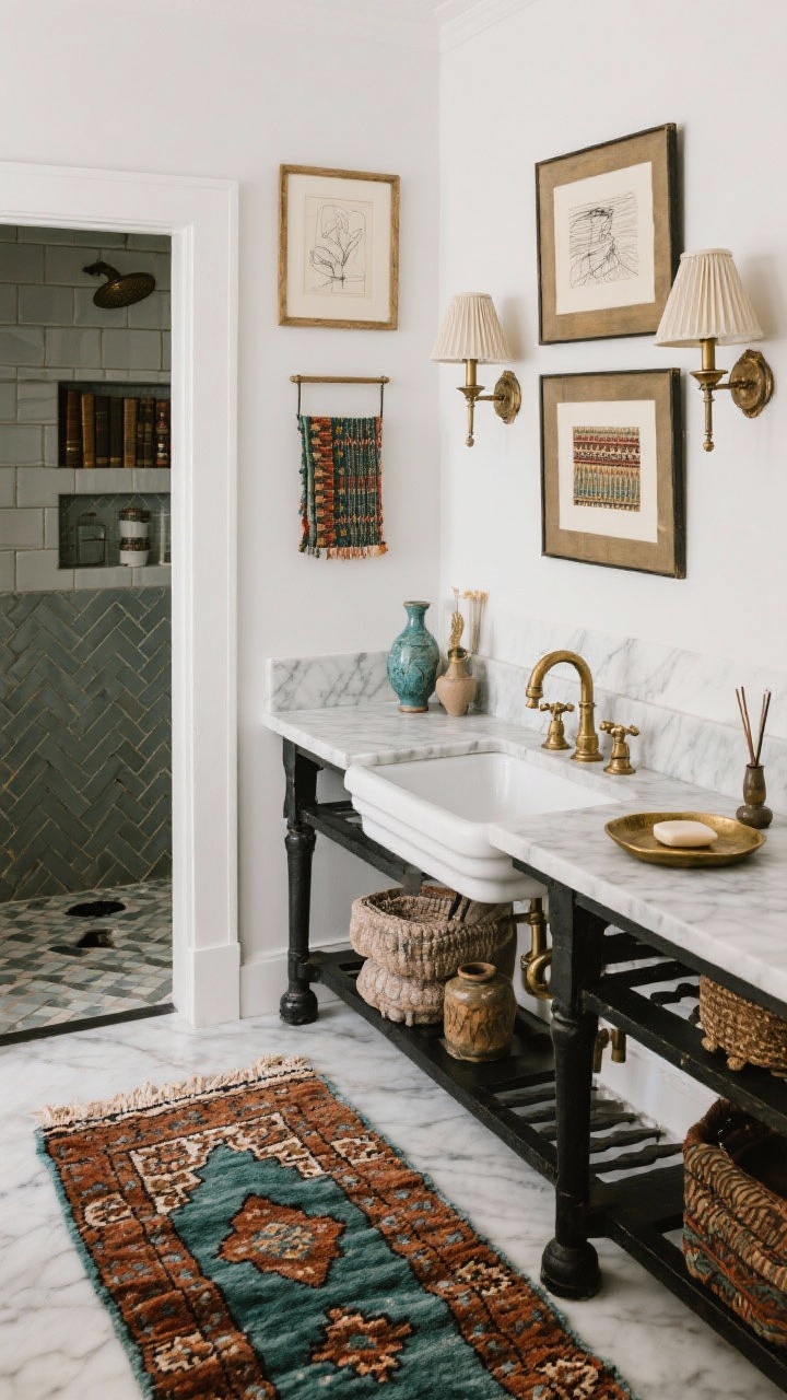 Photorealistic medium vignette, Artisan Eclectic: a vintage Persian runner in rust and teal grounding the scene; soapstone or honed marble vanity top on a blackened iron base; mixed metals—antique brass faucets paired with polished nickel pulls; behind the sink, a curated gallery wall with small framed textiles, line drawings, and ceramic wall-hung vases; shower entry showing classic subway tile with a contrasting herringbone niche; double-arm library sconces with pleated shades; hand-thrown soap dish, burnished brass tray, incense holder on the counter; collected and soulful; no people.