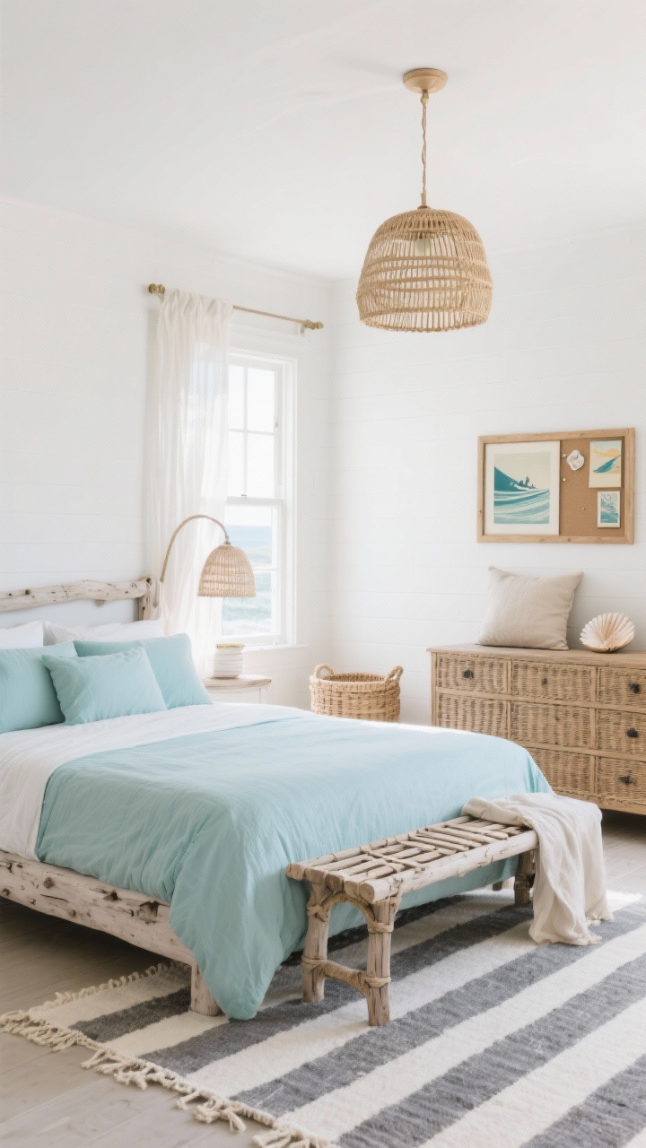Photorealistic medium-wide coastal calm bedroom with soft white walls, a pale driftwood bed layered in sea-glass blue bedding; light rattan pendant lights replacing bedside lamps, sheer curtains gently billowing by an open window, and an ivory-and-slate striped rug underfoot; include a cane-front dresser, woven hamper, framed vintage surf prints, a shell bowl, linen throw pillows, and a slatted bench at the foot of the bed with a rope-framed pinboard on the wall; palette of white, sand, sea-glass blue, and slate; bright natural daylight, straight-on perspective for an airy, breezy feel.
