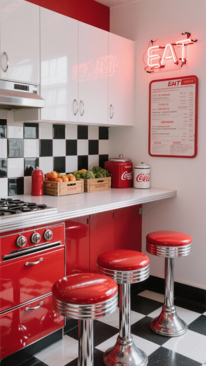 Photorealistic medium-wide diner-style kitchen corner: glossy red lower cabinets, crisp white upper cabinets, a black-and-white subway tile backsplash laid in a checkered pattern, freestanding red range, chrome-edged laminate countertop, checkerboard vinyl floor. Include red vinyl barstools with chrome bases at a peninsula, vintage soda crates holding produce, enamelware canisters, retro menu boards, and a neon “EAT” sign glowing. Bright white walls to make the red pop; shoot from a slight corner angle with moody neon reflections on chrome.