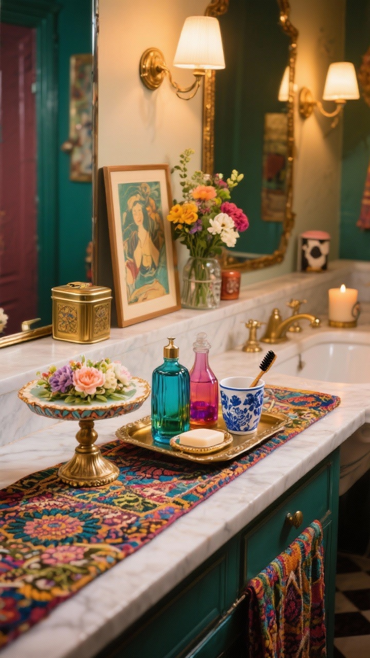 Photorealistic medium-wide shot of a vintage maximalist bathroom counter: a patterned runner spans the vanity; a decorative cake stand serves as a pedestal tray holding a floral soap dish, a colored glass decanter for mouthwash, and a blue-and-white ceramic cup for brushes. A vintage art print leans against the mirror; a mini bouquet of fresh flowers, a brass trinket box, and a quirky candle in a tin complete the layered scene. Choose a jewel-tone palette for richness. Mixed textures (patterned textiles, colored glass, brass) under warm ambient lighting, slightly angled composition for collected, joyful depth.
