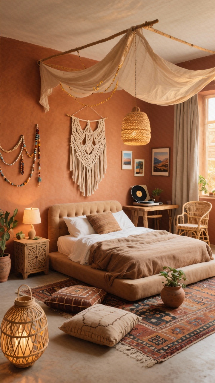 Photorealistic medium-wide shot of an earthy boho bedroom with warm terracotta walls, a low platform bed with a cushiony upholstered headboard, a Moroccan-style rug, and scattered floor cushions for lounging; woven lanterns instead of bedside lamps, a macramé wall hanging for texture, a rustic wood desk paired with a rattan chair; include a woven pendant, carved nightstand, linen blackout curtains, beaded garlands, framed travel prints, and ceramic planters; gauzy fabric draped from a canopy rail above the bed; a vinyl turntable nook with records; golden-hour warm lighting; relaxed lounge vibe.