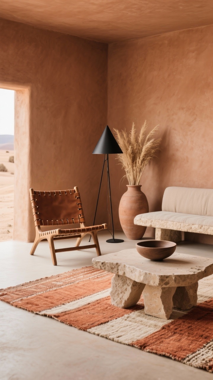 Photorealistic minimal desert-inspired medium shot: a woven leather strap chair in saddle brown against warm clay walls; flatweave rug in terracotta and ecru; limestone-look sculptural coffee table; long bench-style sofa in stone linen; chunky earthenware floor vase with dried grasses adding height; simple blackened steel floor lamp with a conical shade; hand-thrown bowl on the coffee table; palette of clay, saddle, sand, blackened steel; soft, diffused natural light, no people.