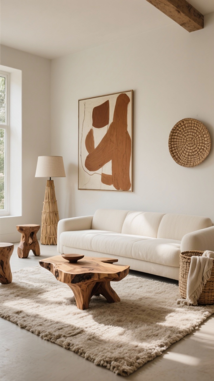Photorealistic minimal wide shot with sculptural focus: slim-profile cream sofa facing a sculptural raw-wood coffee table with organic, live edges; nubby neutral bouclé rug; one large-scale abstract art piece in earthy sienna pigments on the wall; a carved stool, linen-shaded floor lamp, and a tall reed basket for throws; single woven wall plate adding subtle pattern; palette cream, warm oak, sienna accents; serene, airy natural light with gentle shadows.