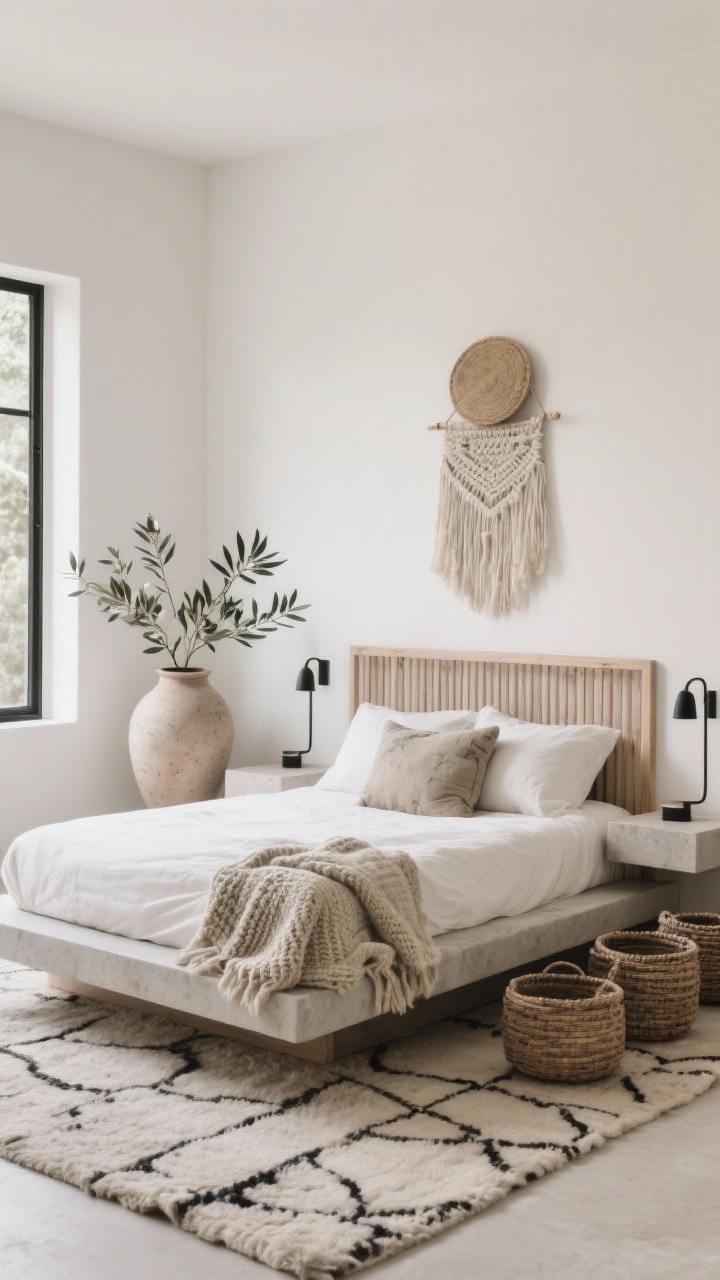 Photorealistic minimalist boho medium shot, calm and ordered: simple low platform bed with slatted wood headboard; bedding in ivory and stone, one or two wabi-sabi pillows and a chunky knit throw; floating nightstands with sleek, minimal sconces; thick wool rug in a quiet pattern; an oversized unglazed ceramic vase holding olive branches; a single undyed-fiber statement wall hanging; lidded baskets tucked neatly; palette of ivory, oat, stone with soft black accents; soft natural daylight; straight-on symmetrical composition.